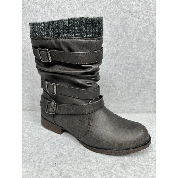 JustFab Nafise Gray Faux Leather Buckle Accent Knit Cuff Boots - Size 8.5 - Picture 1 of 9